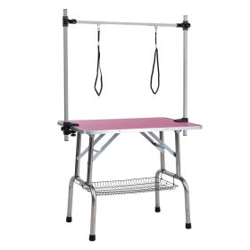 42" Folding Dog Pet Grooming Table Stainless Steel Frame Rubber Mat on Board with Adjustable Arm and Clamps pet dog Cat Grooming Table (PINK COLOR)