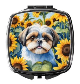 Shih Tzu in Sunflowers Compact Mirror Decorative Travel Makeup Mirror for Women Girls Gifts Pocket Makeup Mirror Folding Handheld