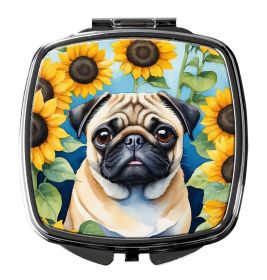 Pug in Sunflowers Compact Mirror Decorative Travel Makeup Mirror for Women Girls Gifts Pocket Makeup Mirror Folding Handheld