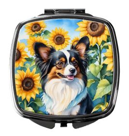 Papillon in Sunflowers Compact Mirror Decorative Travel Makeup Mirror for Women Girls Gifts Pocket Makeup Mirror Folding Handheld