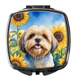 Lhasa Apso in Sunflowers Compact Mirror Decorative Travel Makeup Mirror for Women Girls Gifts Pocket Makeup Mirror Folding Handheld