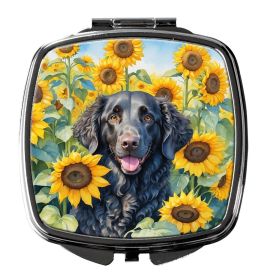 Curly-Coated Retriever in Sunflowers Compact Mirror Decorative Travel Makeup Mirror for Women Girls Gifts Pocket Makeup Mirror Folding Handheld