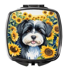 Havanese in Sunflowers Compact Mirror Decorative Travel Makeup Mirror for Women Girls Gifts Pocket Makeup Mirror Folding Handheld