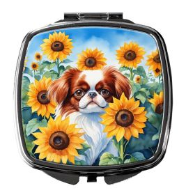 Japanese Chin in Sunflowers Compact Mirror Decorative Travel Makeup Mirror for Women Girls Gifts Pocket Makeup Mirror Folding Handheld