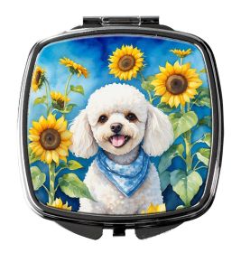 White Poodle in Sunflowers Compact Mirror Decorative Travel Makeup Mirror for Women Girls Gifts Pocket Makeup Mirror Folding Handheld