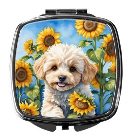 Maltipoo in Sunflowers Compact Mirror Decorative Travel Makeup Mirror for Women Girls Gifts Pocket Makeup Mirror Folding Handheld