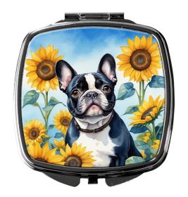 French Bulldog in Sunflowers Compact Mirror Decorative Travel Makeup Mirror for Women Girls Gifts Pocket Makeup Mirror Folding Handheld