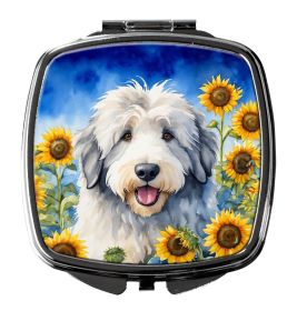 Old English Sheepdog in Sunflowers Compact Mirror Decorative Travel Makeup Mirror for Women Girls Gifts Pocket Makeup Mirror Folding Handheld