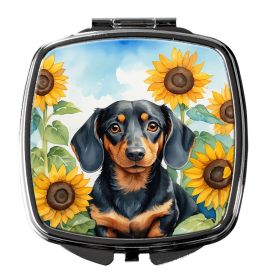 Dachshund in Sunflowers Compact Mirror Decorative Travel Makeup Mirror for Women Girls Gifts Pocket Makeup Mirror Folding Handheld