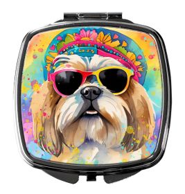 Shih Tzu Hippie Dawg Compact Mirror Decorative Travel Makeup Mirror for Women Girls Gifts Pocket Makeup Mirror Folding Handheld