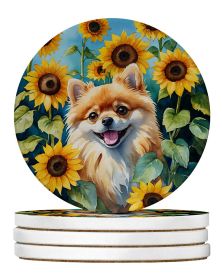 Pomeranian in Sunflowers Large Sandstone Coasters Pack of 4 Absorbent Round Coasters Decor Gifts for Men or Women, 4 in, Multicolor