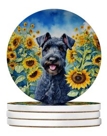 Kerry Blue Terrier in Sunflowers Large Sandstone Coasters Pack of 4 Absorbent Round Coasters Decor Gifts for Men or Women, 4 in, Multicolor