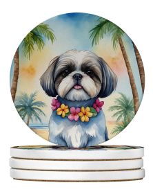 Shih Tzu Luau Large Sandstone Coasters Pack of 4 Absorbent Round Coasters Decor Gifts for Men or Women, 4 in, Multicolor