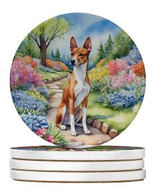 Basenji Spring Garden Large Sandstone Coasters Pack of 4 Absorbent Round Coasters Decor Gifts for Men or Women, 4 in, Multicolor