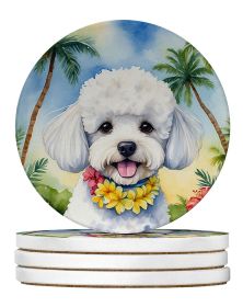 Bichon Frise Luau Large Sandstone Coasters Pack of 4 Absorbent Round Coasters Decor Gifts for Men or Women, 4 in, Multicolor