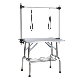 42" Folding Dog Pet Grooming Table Stainless Steel Frame Rubber Mat on Board with Adjustable Arm and Clamps pet dog Cat Grooming Table (SILVER-GRAY CO (Color: Silver grey)